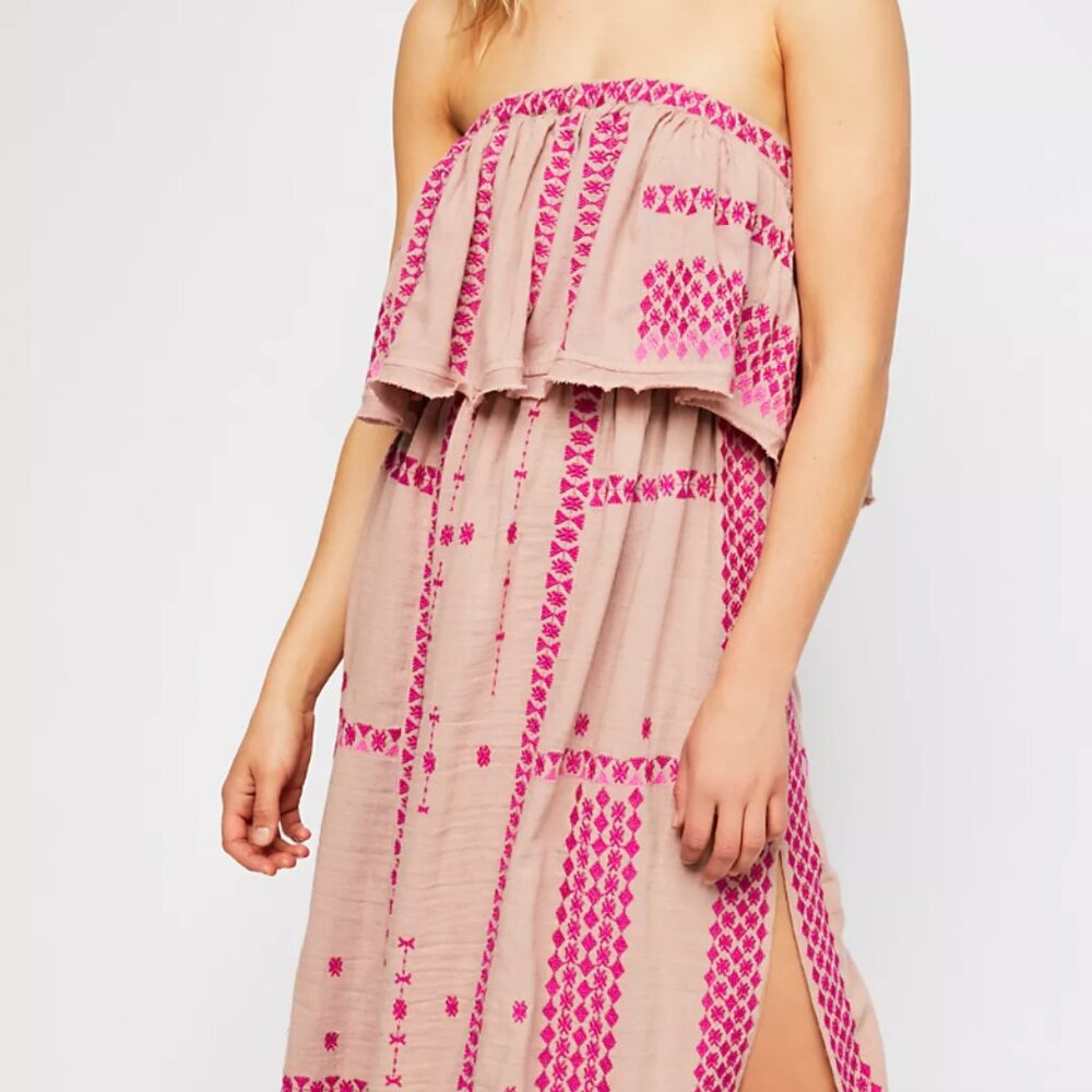 Free People Pink and Tan Strapless Midi Dress
